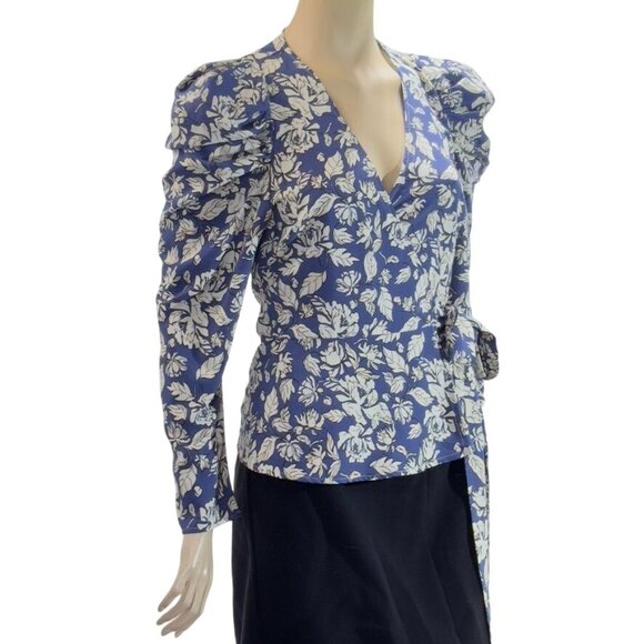 ASTR The LABEL Top Polyester Royal Blue Floral Attached Side Tie Wrap Puffed Gat - Picture 2 of 16
